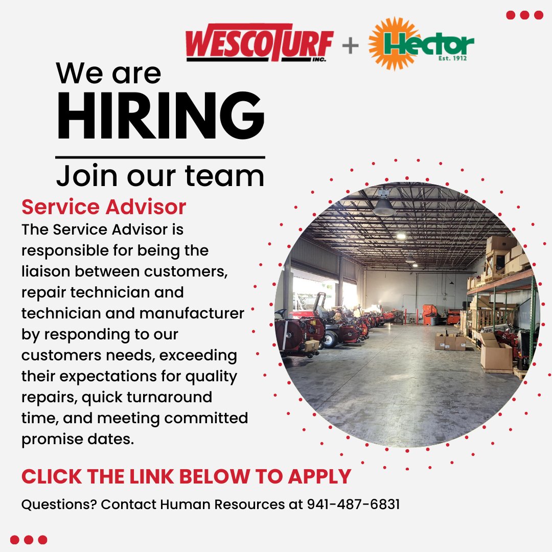 Ready for a new career for the new year? Join our Sarasota Service team today as a Service Advisor! Want to learn more? Click the link and apply! 
zurl.co/KGz9
 #wescoturf #sarasotajobs #applynow #newcareer #nowhiring #toro #newopportunity #hiringnow #jobsearch #hotjob