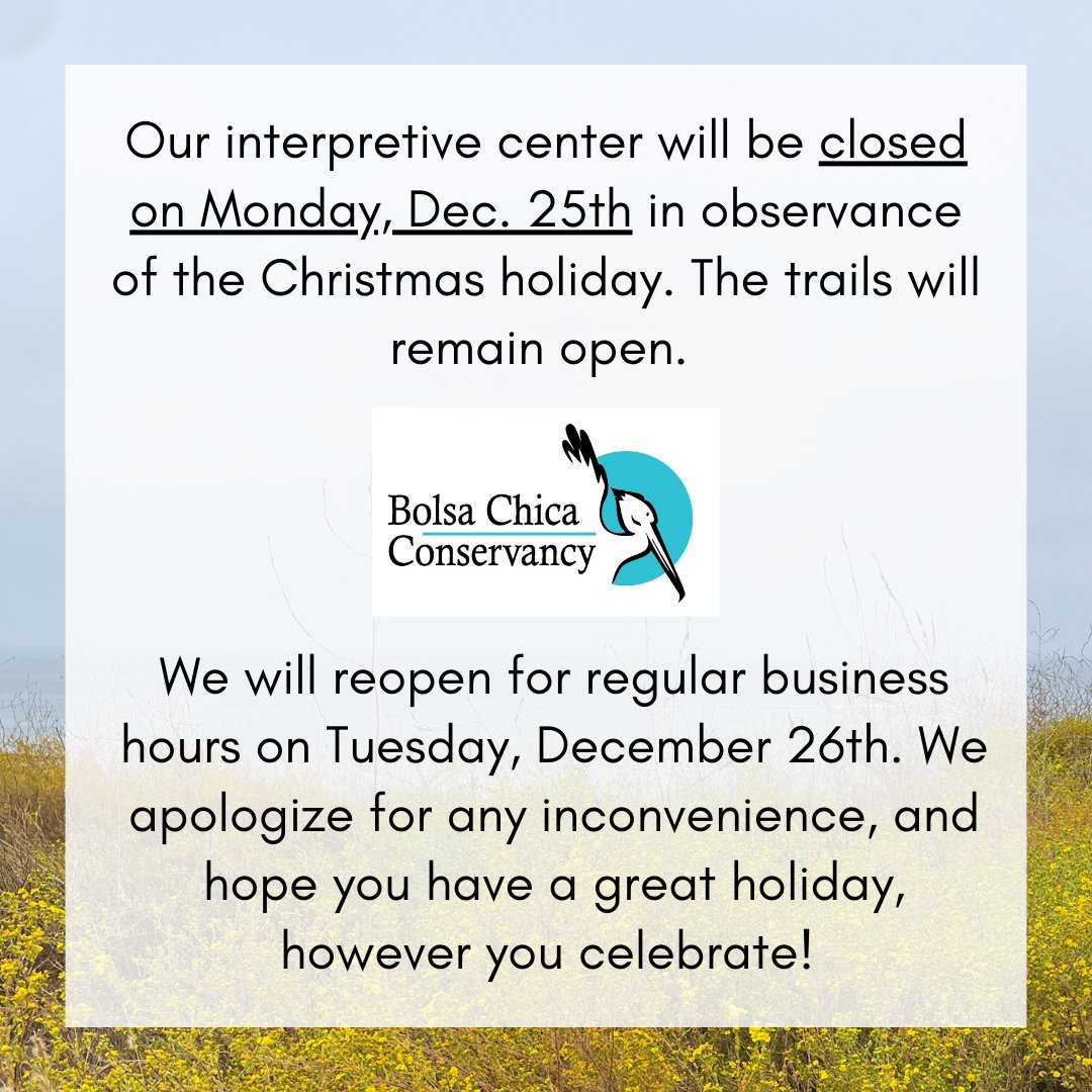 Just a heads up - our interpretive center will be closed TOMORROW in observance of the Christmas holiday. We hope everyone who celebrates has a wonderful day with loved ones, and we'll be back open on Tuesday!