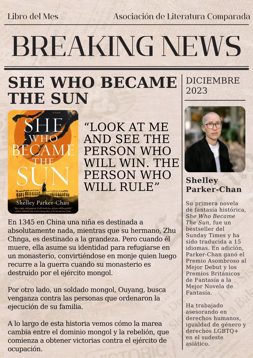 El libro del mes para diciembre es She Who Became the Sun por Shelley Parker-Chan

Una lectura llena de acción para esta temporada navideña