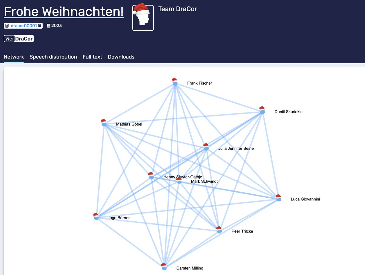 The #DraCor network wishes everyone happy holidays!🎉 
@juliajbeine <a href="/umblaetterer/">Seamus Justin</a> <a href="/ingoboerner/">Ingo Börner</a> <a href="/MarkSchwindt/">Mark Schwindt 🇺🇦</a>  <a href="/peertrilcke/">Peer Trilcke (peertrilcke.bsky.social)</a> Henny Sluyter-Gäthje @LucaGiovannini_ <a href="/danya_sko/">Daniil Skorinkin @skorinkin@hcommons.social</a> <a href="/goebel_m/">Mathias 🇺🇦</a> Carsten Milling
(yes we actually launched a local DraCor instance just for this one screenshot 📸)