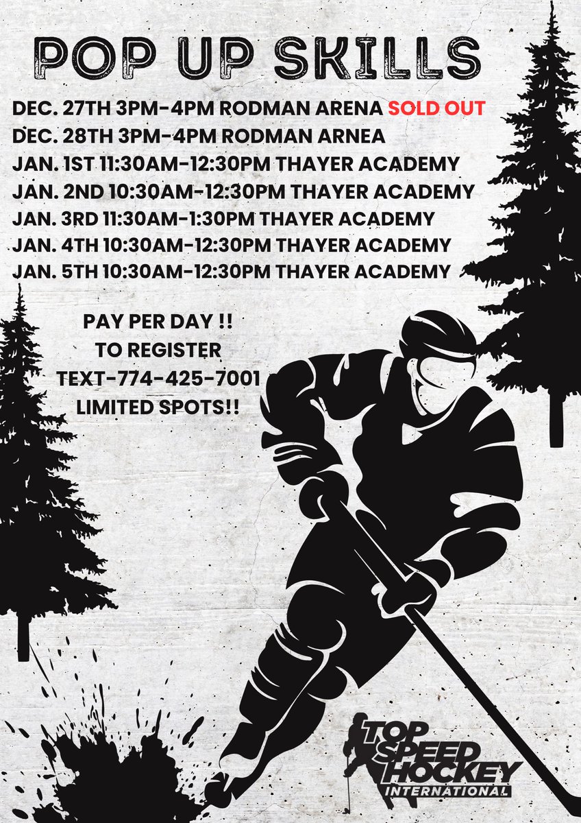 Holiday Pop Up Skills Clinic!! 
For more information please contact Lucas Frey 774-425-7001
