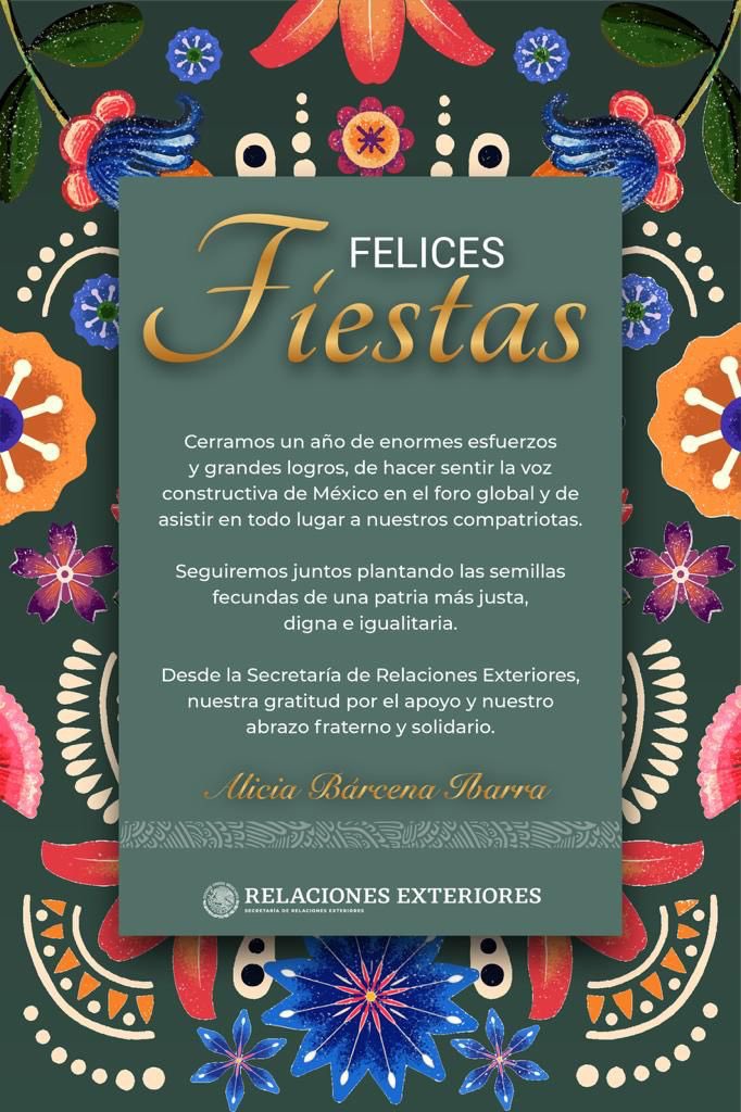 📌 Mensaje de la canciller <a href="/aliciabarcena/">Alicia Bárcena</a> para el pueblo de México, amigas y amigos del exterior, con motivo de las fiestas decembrinas. 

🇲🇽🤝🌎🎄
#DiplomaciaCercaDeTi