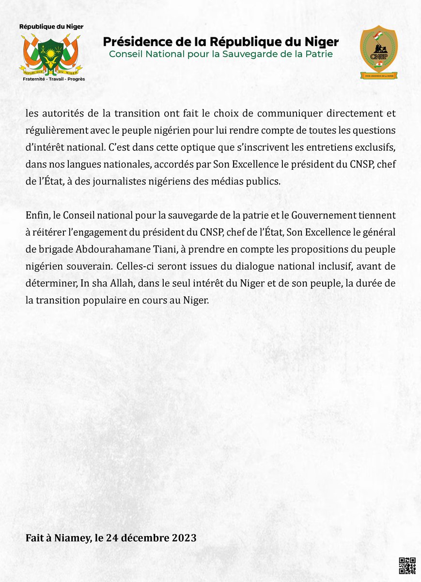 NIGER_CNSP's tweet photo. 🔴Communiqué
Transition au Niger : le CNSP oppose un démenti aux médias français @RFI et @FRANCE24 https://t.co/XKgHapFxez