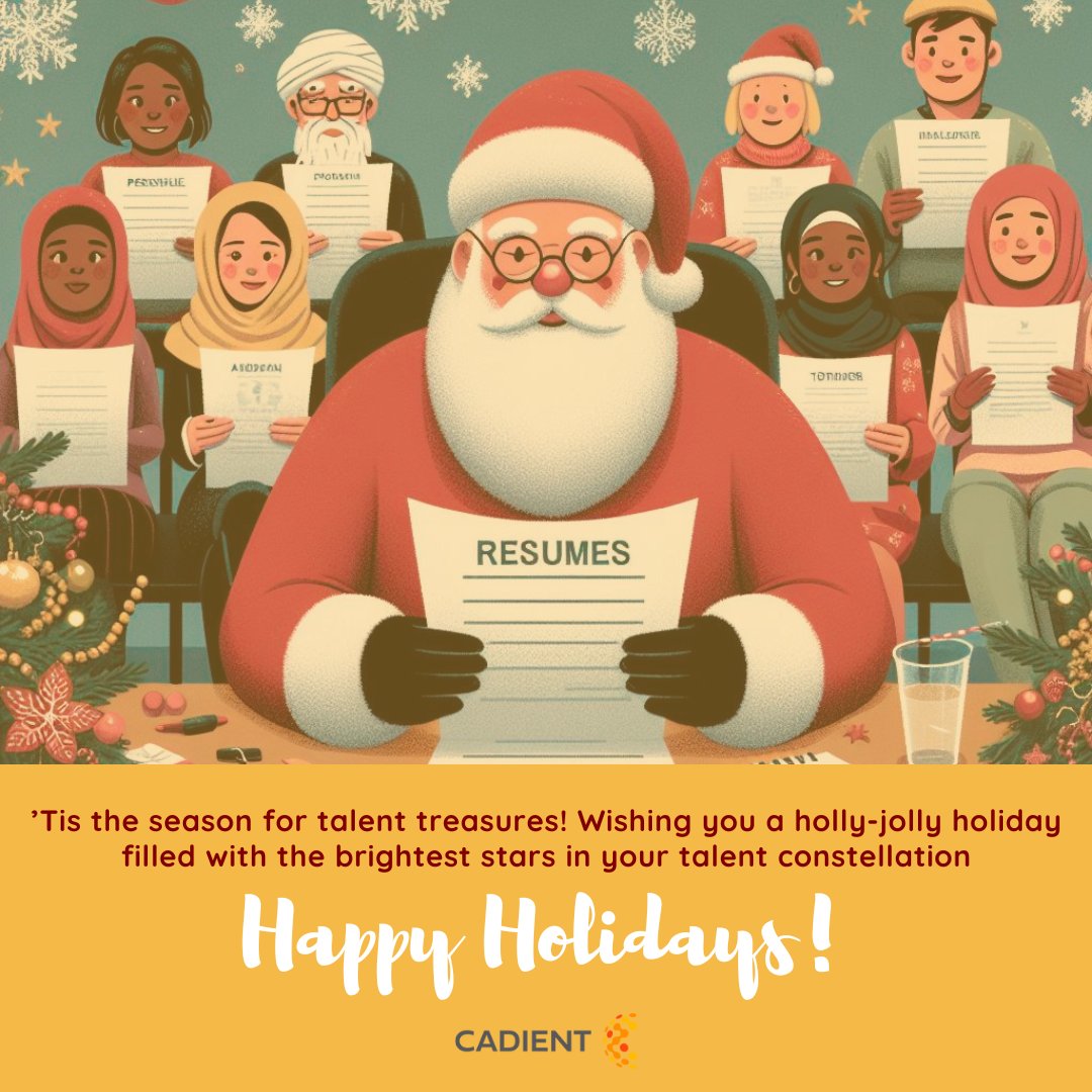 Season's greetings from the Cadient squad, where sleigh bells meet resumes and holiday cheer pairs perfectly with top-tier talent acquisition! 🎁🌐 Wishing you a holly-jolly hiring season and a workplace with exceptional hires! #CadientCheer #Recruitment #SeasonsGreetings