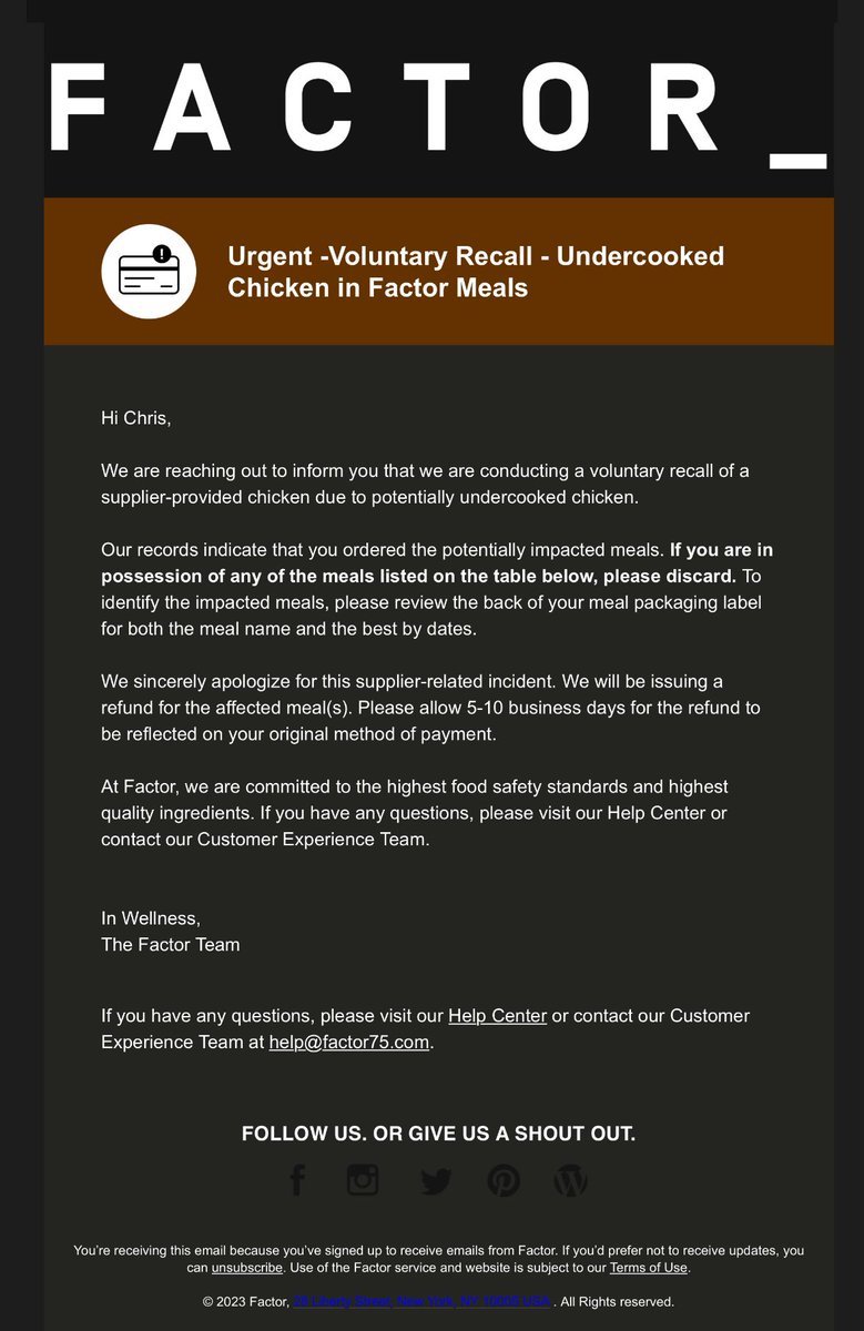 Doc4ord's tweet photo. @factormeals 

…still haven’t gotten a response to my request for the table listing of 
 the recalled meals not included in the email. Chicken-born illness can be a pretty big deal. Can you post a listing of the recalled meals?

Thanks,

-Concerned ER Doc https://t.co/6exBeCXoUE