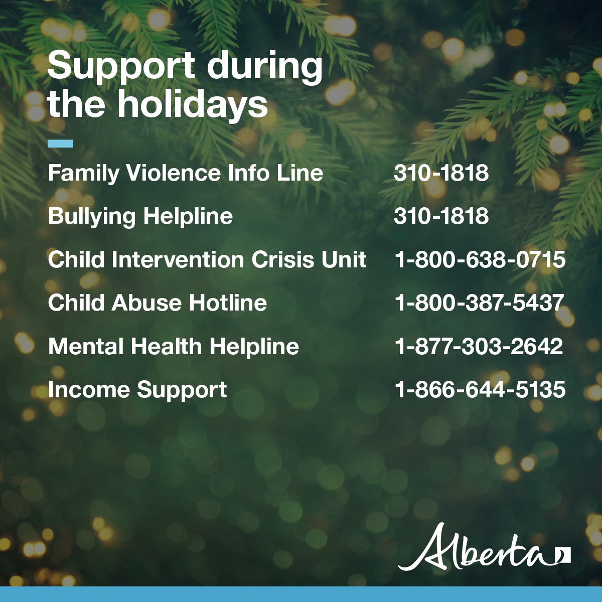 If you need support over the holidays, these helplines are open 24/7: 📞 211 Alberta 📞 Family Violence Info Line: 310-1818 📞 Mental Health Helpline: 1-877-303-2642 📞 Addiction Helpline: 1-866-332-2322 More services: alberta.ca/services-durin…