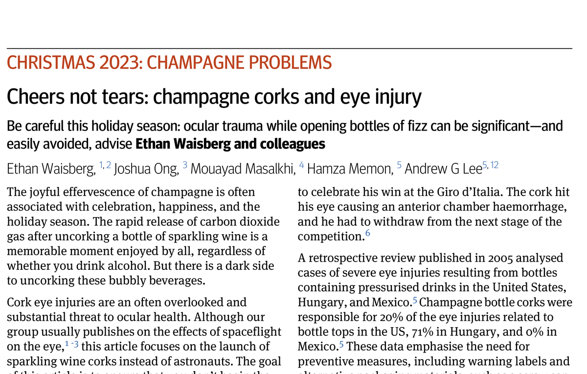 docramiro's tweet photo. Esta es la manera recomendada por el BMJ para abrir vinos espumosos y evitar lesiones oculares. Recuerda que:
-El corcho puede viajar hasta a 80 km/h
-Llega al ojo en 0.05 s
-Puede ocasionar trauma cerrado, perforación, desprendimiento de retina, entre otros.
No arruines la navidad generando una lesión ocular en un ser querido. 
¡Felices fiestas! 🧑‍🎄
Referencia: BMJ2023;383:p2520