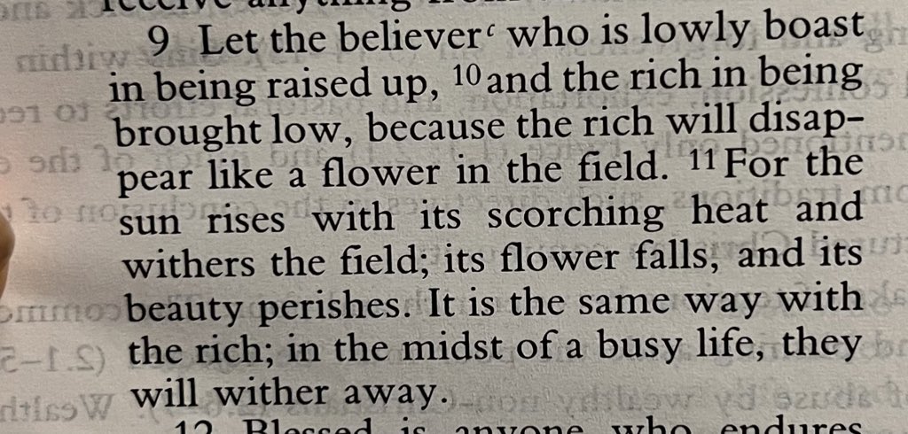 If you’re ever unsure about the radicalism of the New Testament a good place to start is The Letter of James. It’s 4 and a half pages. On poverty and inequality it’s like reading a 1st century Mao. The rich will disappear like ‘flowers in a field’ (!)