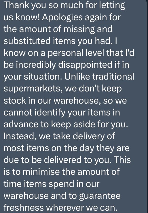 loupj23's tweet photo. @Ocado very confused by this response to my missing items on my pre-booked Christmas slot… most of the things missing were non-perishable? https://t.co/nvjmyymbpu