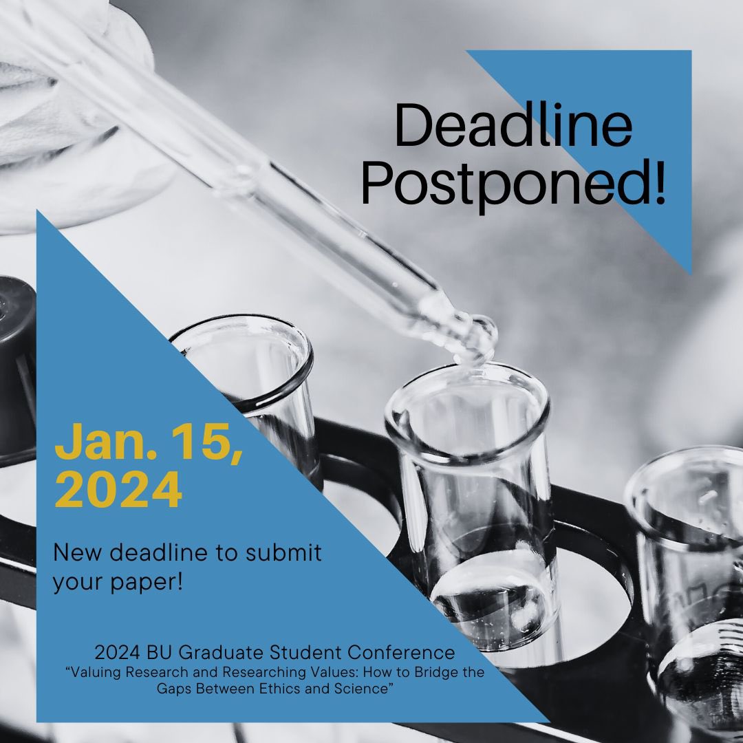 New extended deadline for our upcoming BU graduate conference on science and values! Submit your paper by Jan 15, 2024 at this link: forms.gle/UgzDDXQcZTxmXV… We plan to provide at least partial travel reimbursement to our speakers! Conference dates: March 29-39, 2024.