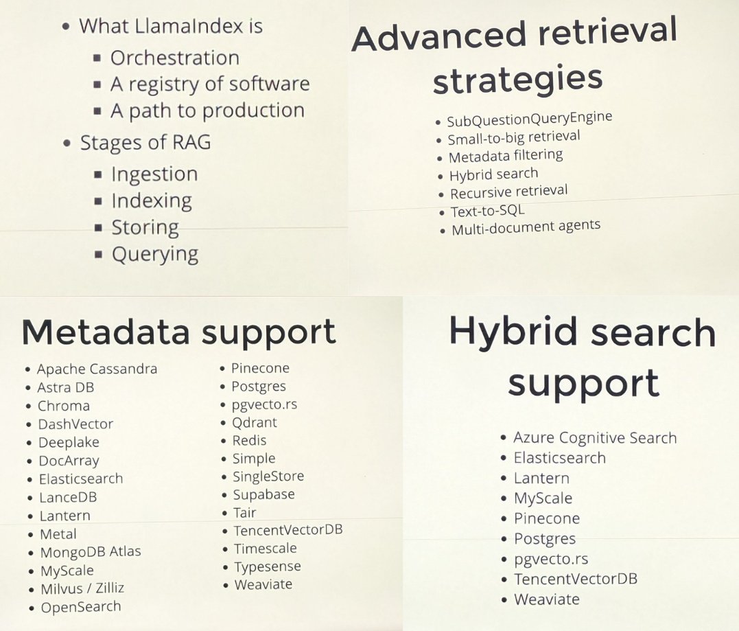 ankurkumarz's tweet image. Building advanced #GenAI  #RAG apps - key takeaways from #LlamaIndex session focused on retrieval strategies by @seldo 👇
🔹Use ingestion pipeline with transformers, caching for better results 
🔹Use KnowledgeGraphIndex
🔹Configure Synthesizer before sending it to #LLMs
🔹…