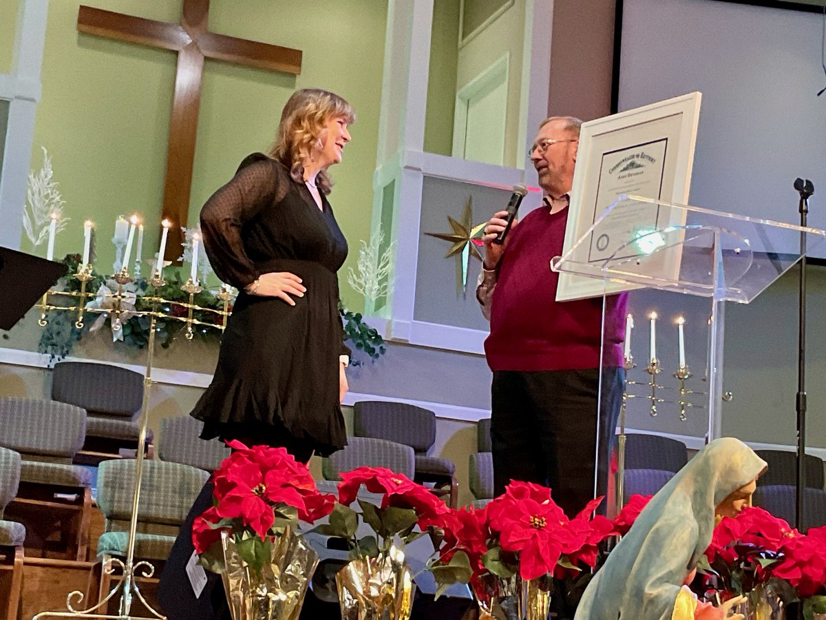 BroadwayLex's tweet photo. This morning our children's choir director, Sherri Ausbun, was a named a @KYColonels by fellow Colonel David Dale, for her seven years of leading our children's Christmas choir - the Kentucky Colonel is the highest title of honor bestowed by @GovAndyBeshear #KYColonel https://t.co/g8552KmfA6