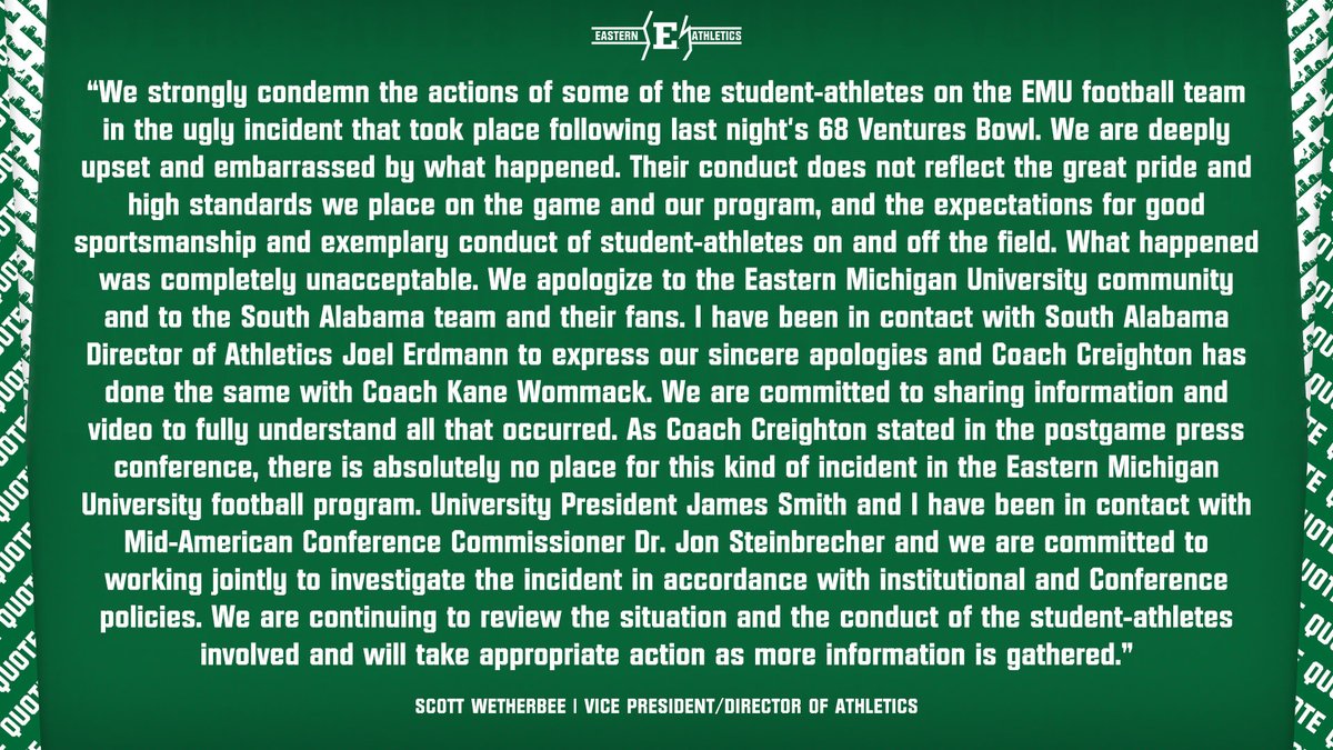 EMUAthletics's tweet photo. An official statement from Vice President/Director of Athletics Scott Wetherbee https://t.co/JFFpYjpjpO