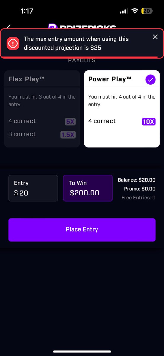 _CaseyQuick's tweet photo. @PrizePicks It’s not letting me place my bets on them? https://t.co/bs0xToxH13