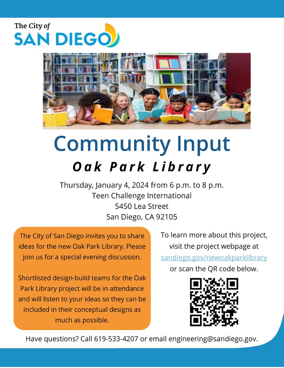 New Oak Park Community Forum-January 4, 2024-6pm-Teen Challenge-5450 Lea St. San Diego, CA 92105.  Come join us meet 2 bidders for this great project.  Our voice, opinions, ideas, recommendations and love count!