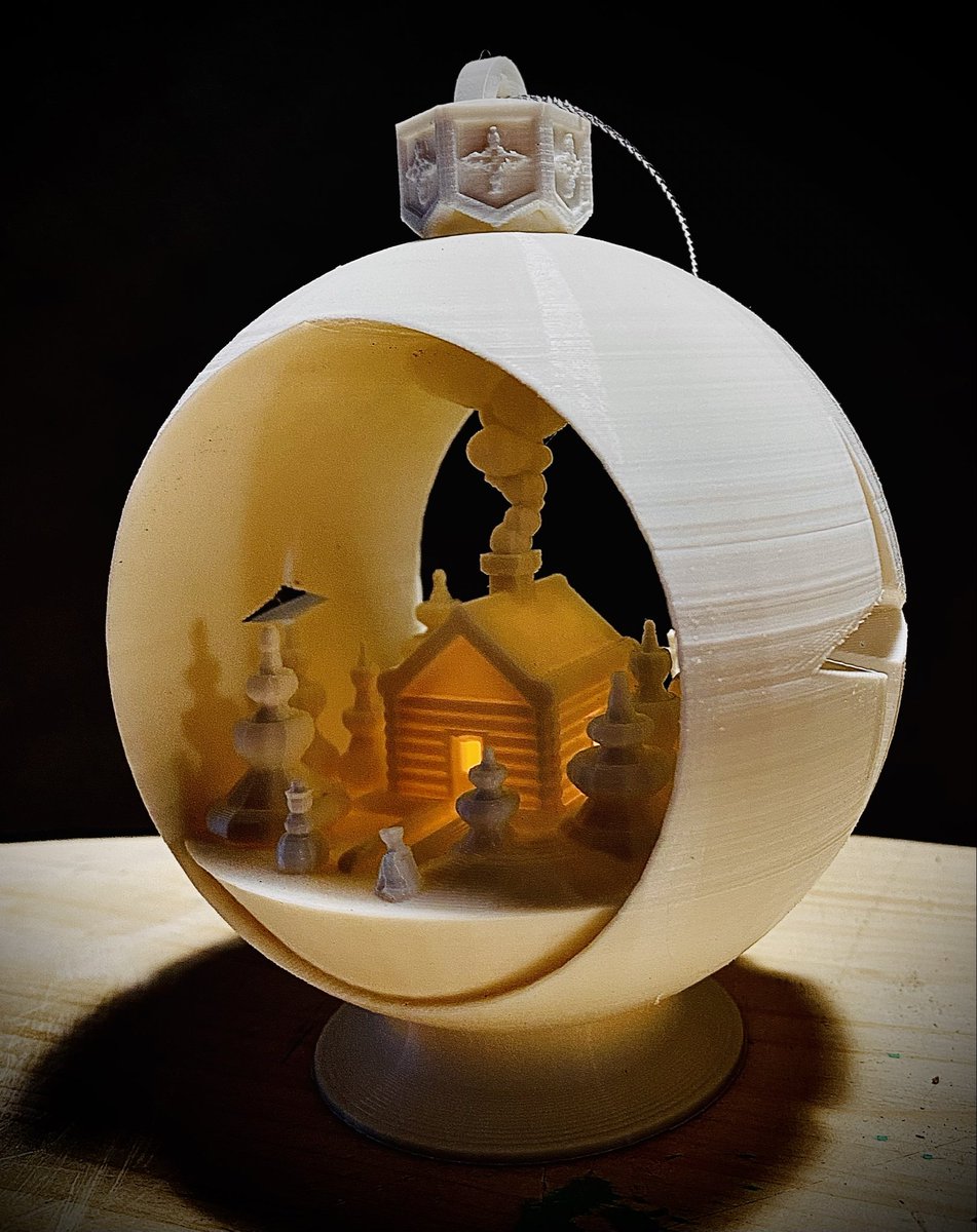 Happy Holidays!!! Last make of 2023 - Snow Globe Votive Ornament - Winter Cabin. Printed in @Creality3dP PLA white on the #ender5pro. Model designed by @Modelli_Models printables.com/model/325716-s…