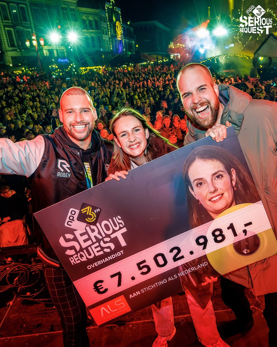 WAUW! 😍💚 €7.502.981 is de opbrengst van 3FM Serious Request 2023! BEDANKT! 📷Met het geld wordt onderzoek naar de oorzaak en behandeling van ALS gefinancierd en hulpmiddelen voor mensen die nu leven met ALS. #3FM #SR23 #GlazenHuis #StichtingALSNederland
