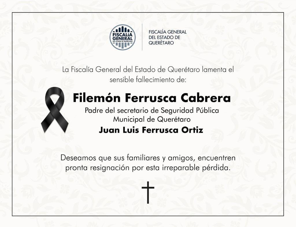 fiscaliaqro's tweet photo. Desde la #FiscalíaQro lamentamos el sensible fallecimiento de Filemón Ferrusca Cabrera. Deseamos a sus familiares pronta resignación. https://t.co/j75SfQteGF