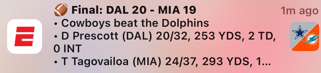 Anspen34's tweet photo. ESPN wanted the cowboys to win, my notification said they won 😂😂😂😂. #nfl #CowNation @getnickwright @espn https://t.co/Nd4TcP3wYT