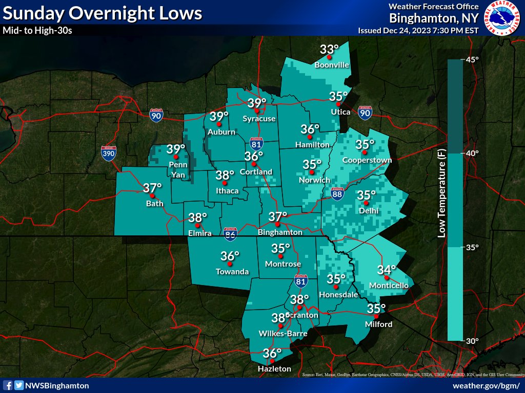 Quiet weather expected overnight with low temperatures in the mid- to high-30s. #NYwx #PAwx