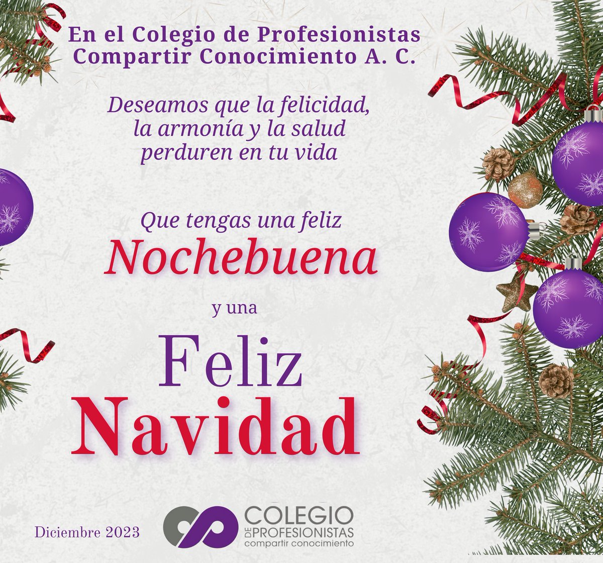 ◾️2023 ha sido un año de incontables aprendizajes. 

En el Colegio de Profesionistas queremos desearte una #FelizNavidad al lado de tus seres queridos.

Que estos momentos los disfrutes en armonía.

¡Gracias por compartir conocimiento!