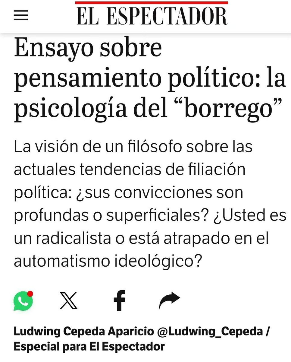 Nunca me había divertido tanto al escribir un ensayo. El pensamiento de estructuras borreguiles entraña incluso el deseo inconfesado de exterminar a quienes piensan diferente. El texto ofrece un retrato de una sociedad polarizada.

¡Invitados a leerlo! 🌟

elespectador.com/el-magazin-cul…
