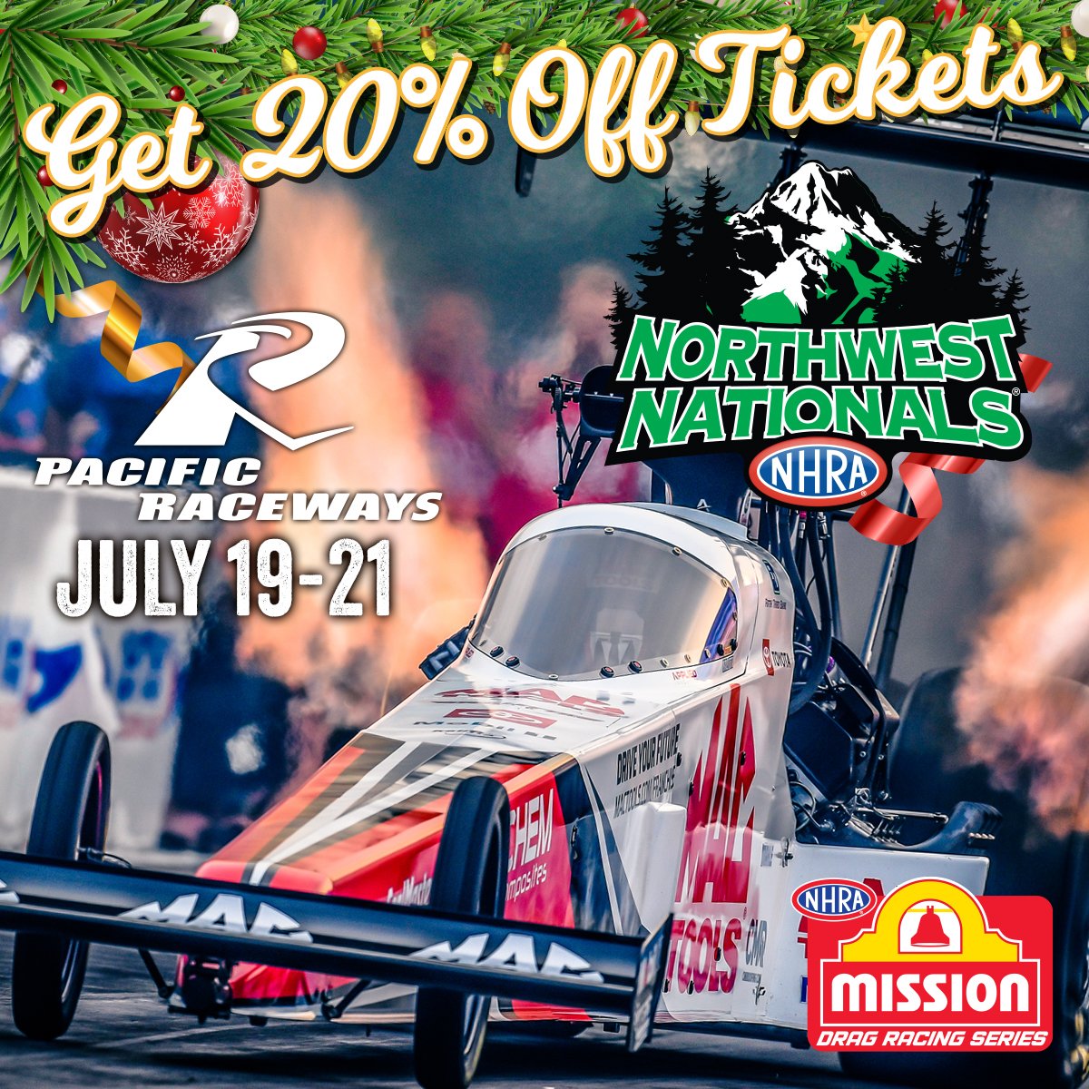 Save on 2024 @NHRA Northwest Nationals tickets thru 12/31/23. Discount applies to General Admission & Reserved Seats to @MissionFoodsUS Drag Racing event at #theplacetorace in July. Discount does not apply to Premium Grandstand seating or hospitality. nhra.evenue.net/cgi-bin/ncomme…