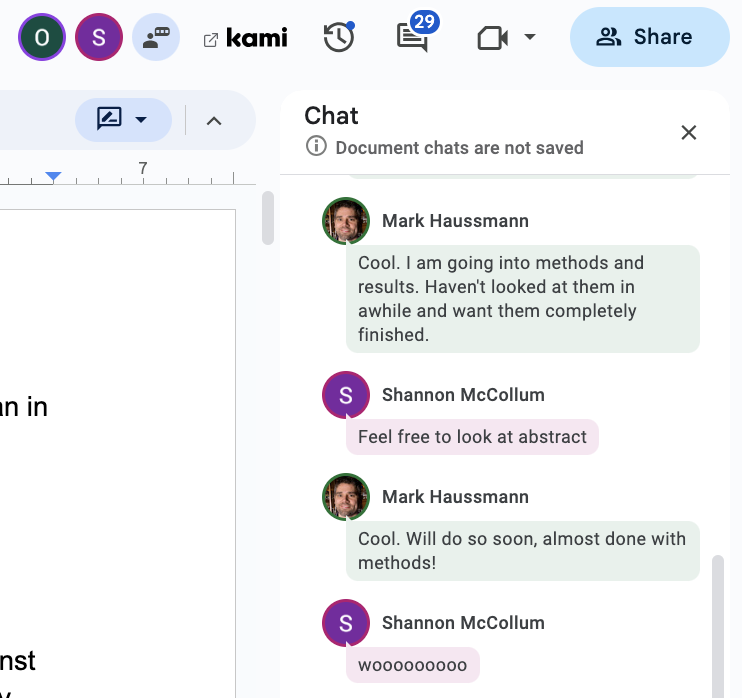 HaussmannLab's tweet photo. Got day 11 and 12 in of the #12WritingDays before Christmas last two days. Today working with past students Shannon McCollum (now PhD student @UMich) and Olivia Canter (now undergrad @DukeU). Writing together on Google docs with the chat feature always fun. https://t.co/hxODayGDwf