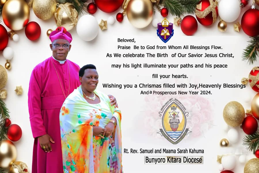 BKDCOU's tweet photo. The Bishop of Bunyoro -Kitara Diocese Rt. Rev Samuel Kahuma Abwooli and Maama Sarah Kahuma Abooki wishing all of us God's People a Christmas filled with Joy, Heavenly Blessings and also wishing us a Prosperous New Year 2024. https://t.co/jCXdbmSjtm