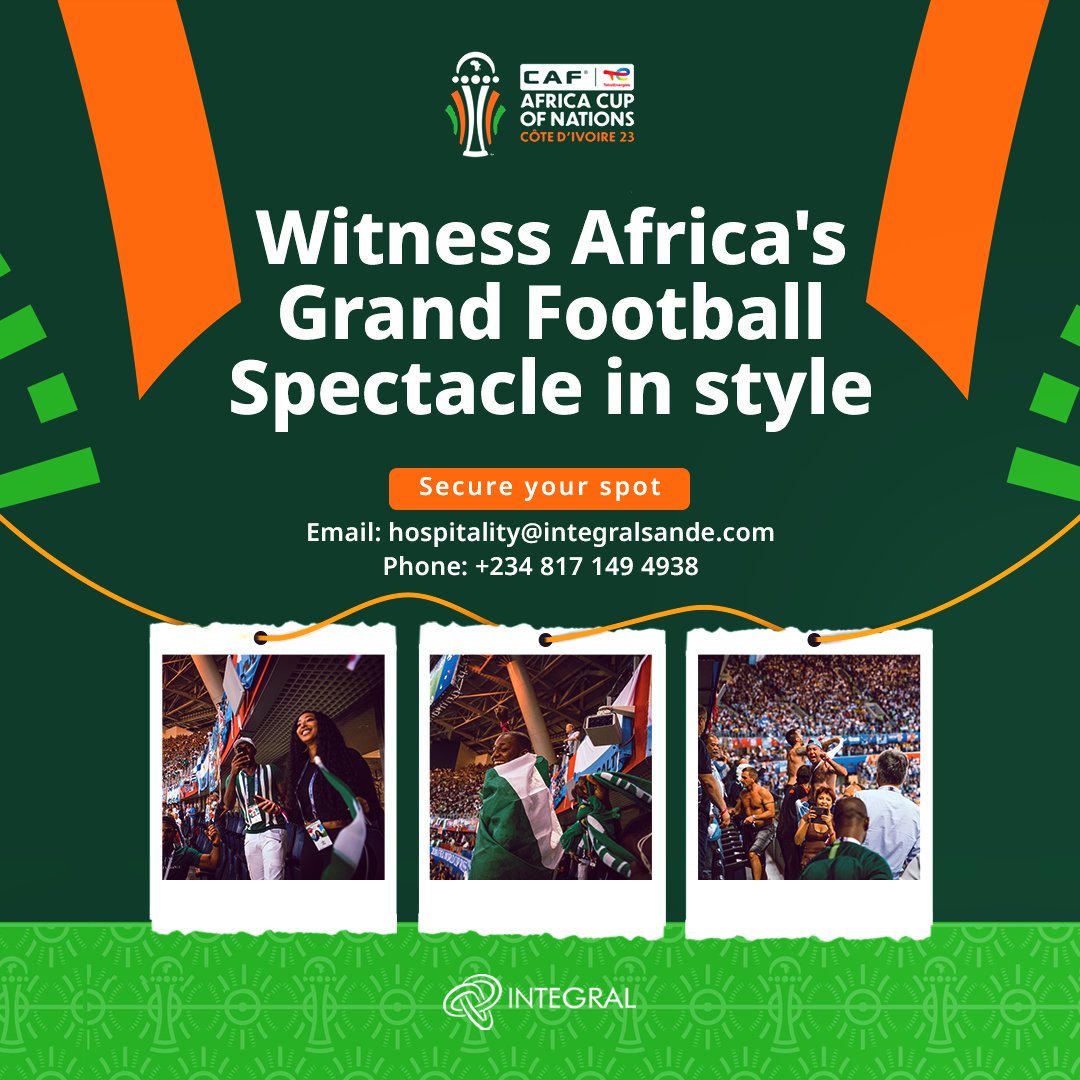 IntegralNXT's tweet photo. In 20 days, we will witness the 34th African Cup of Nations!

Enjoy the most satisfying sports hospitality experience from January 13th-February 11th 2024

Send us an email to register your interest  today.
#TotalEnergiesAfcon2023 #AFCON2023 #sportshospitality #FootballisIntegral https://t.co/wxTDzFrZA7