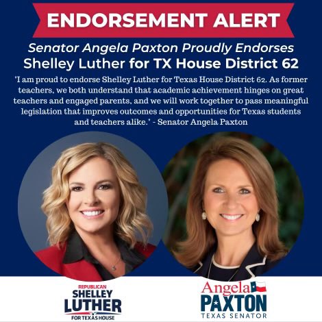 I’m honored to have the endorsement of this Texas Senator. As former school teachers, we look forward to working together to pass meaningful legislation for educators and students. Thank you, @AngelaPaxtonTX