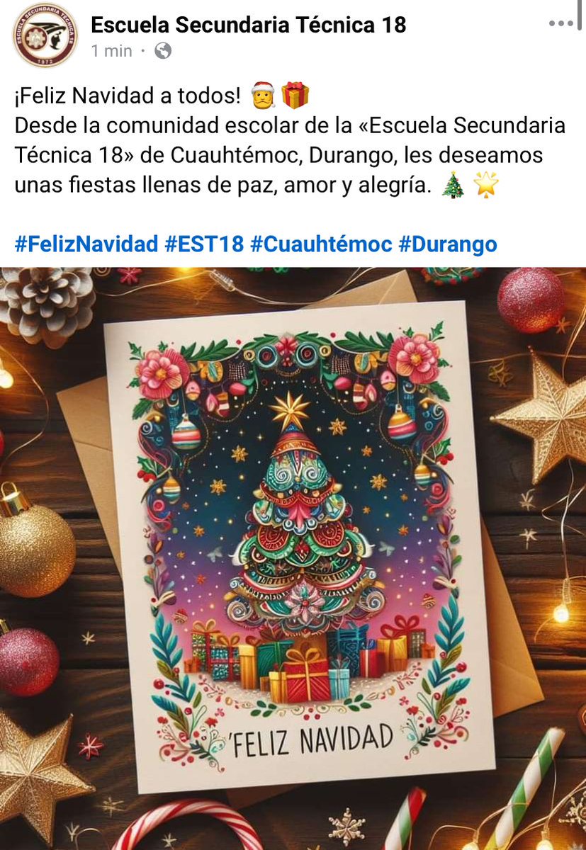 _RobledoJM's tweet photo. ¡Feliz Navidad a todos! 🎅🎁
Desde la comunidad escolar de la Escuela Secundaria Técnica 18 de Cuauhtémoc Durango, les deseamos unas fiestas llenas de paz, amor y alegría. 🎄🌟
#FelizNavidad #EST18 #Cuauhtémoc #Durango https://t.co/vFtmo5SnoJ
