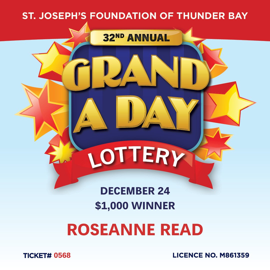 SJFTB's tweet photo. Congratulations to the December 24th Grand a Day winner...Roseanne Read!
Ticket #0568 https://t.co/4GvSeTmzXG
