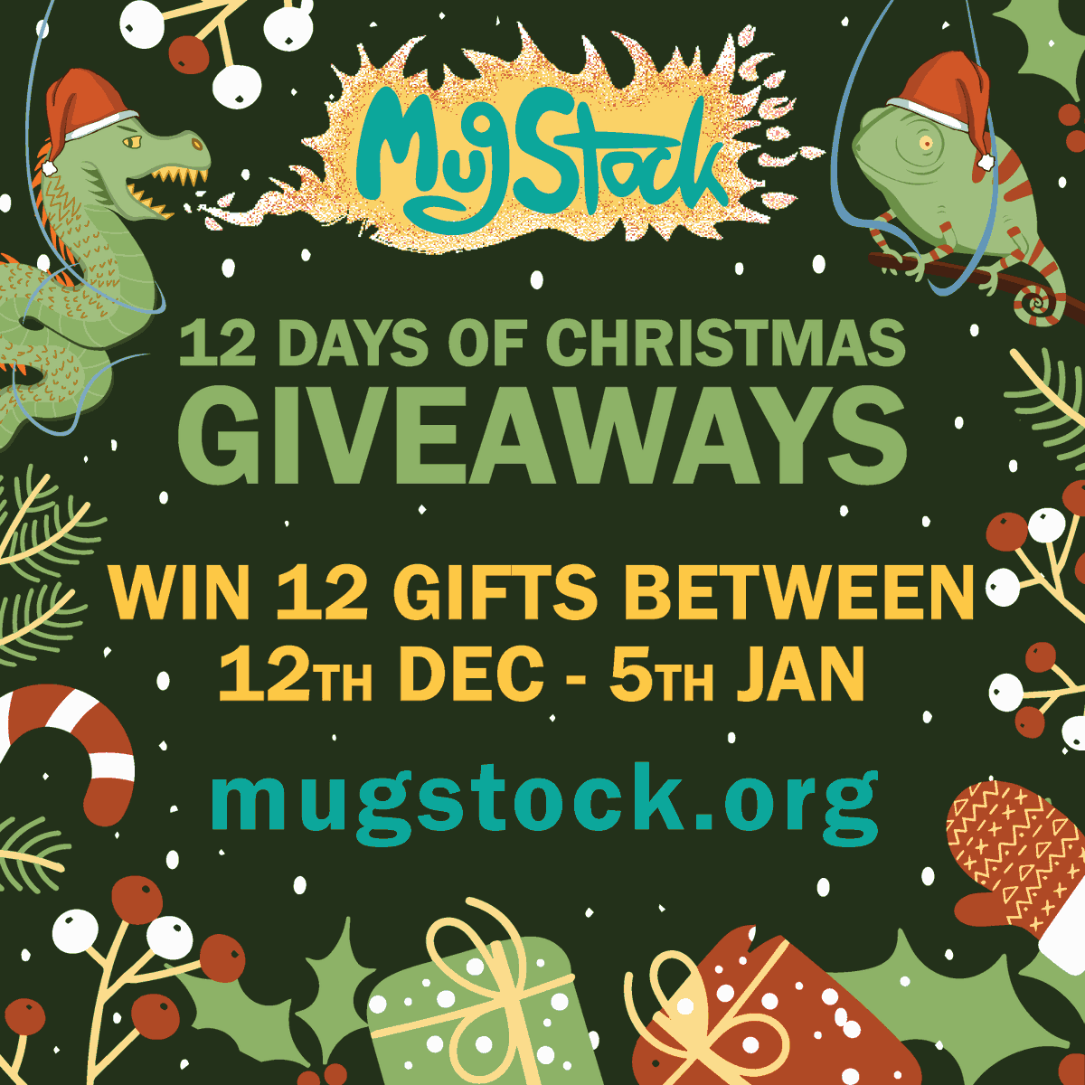 We're doing a 12 Days of Christmas Giveaway 🥳 12 prizes will be given between 25th Dec and 5th Jan:🎁 4 x Hoodies 4 x T-Shirts 3 x Mugs 1 x Pair of Adult Weekend Tickets To entre, just buy any ticket (or already have them) 🎟️ mugstock.org/tickets Merry Christmas! 🎅🎄