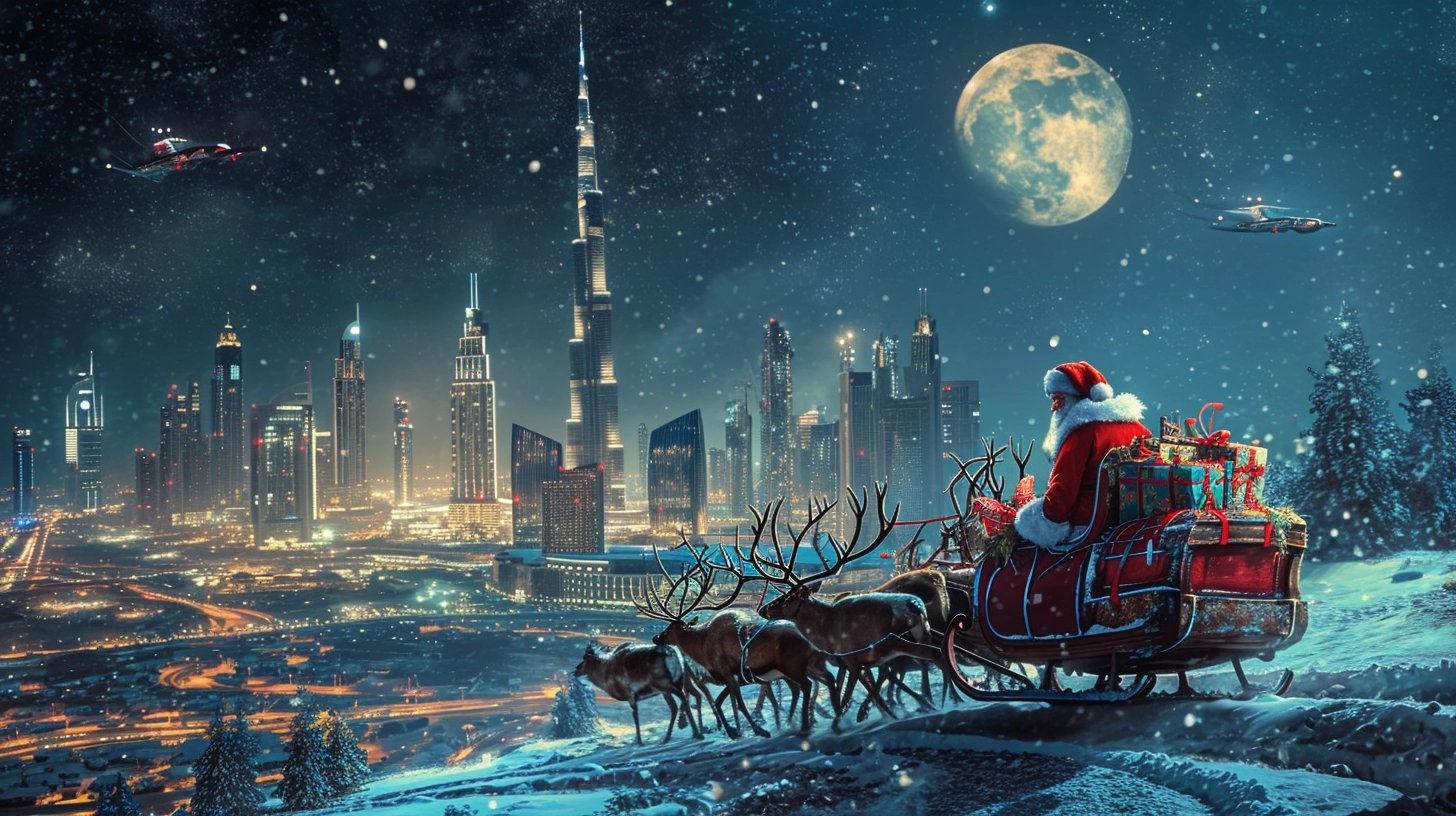 Santa Claus with his sled heading to a fictional wintertime Dubai, as imagined by Midjourney