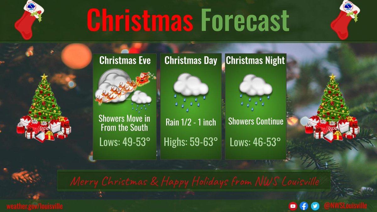 🎅Santa should be able to make it through the region before the rain starts in the morning. 🌧️Christmas day and night will be rainy and cloudy, with mild temperatures. Merry Christmas and Happy Holidays from NWS Louisville!