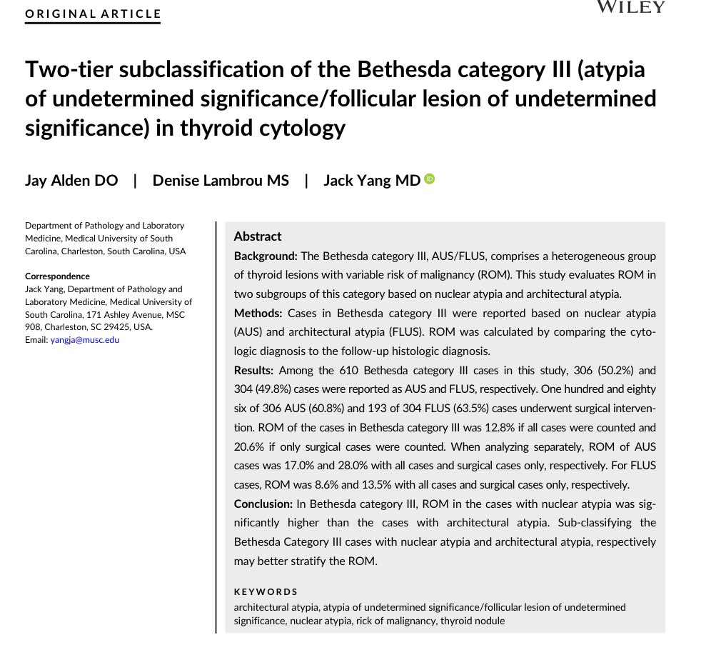 PapSociety's tweet photo. 💫New released and worth reading article @DiagnosticCyto 💫 "Two-tier subclassification of the Bethesda  III (AUS) in thyroid cytology”
https://t.co/f1vaR8qLMp @IACytology @BAC by @JudyShi8 posted by social media committee @PSC @PoonamVohra3 @Michaelclaire1 @ekhanafshar@ https://t.co/qH0vV7WqXF