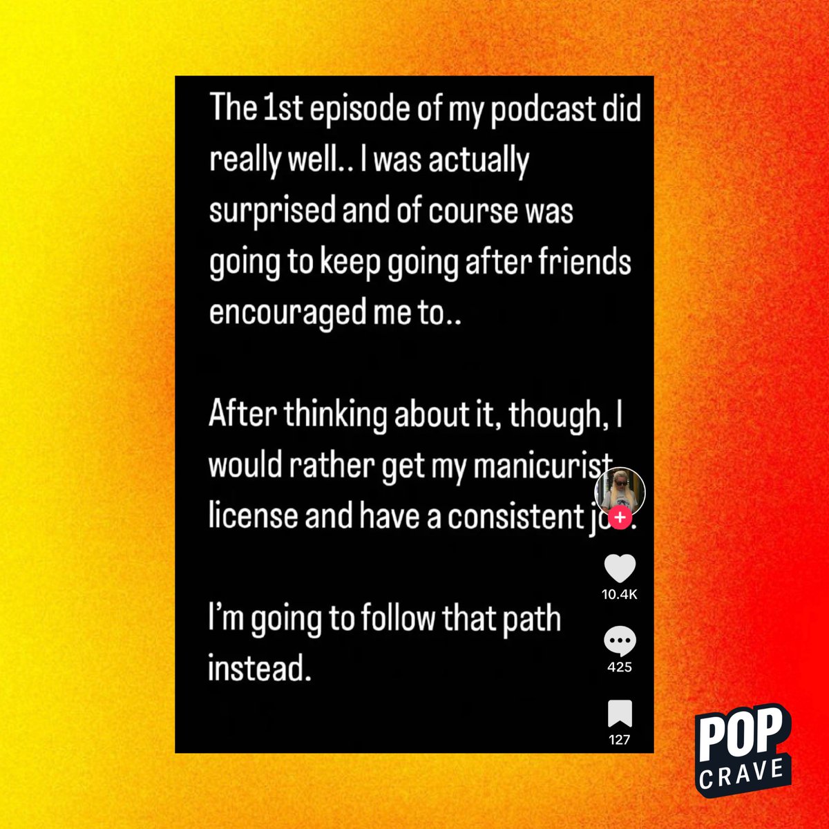 PopCrave's tweet image. Amanda Bynes says she's giving up her podcast venture to become a manicurist:

“After thinking about it, though, I would rather get my manicurist license and have a consistent job. I’m going to follow that path instead.”