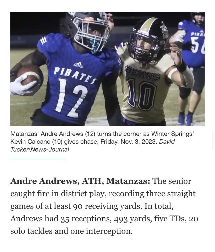 Andre Andrews. (@andreandrews_) on Twitter photo #AGTG blessed to be named all area. Thankful for my coaches and this program <a href="/MHSPirateFB/">Matanzas Football</a> <a href="/Coach_Forrest/">Matt Forrest</a> <a href="/Coach21Patton/">Coach Patton</a> #AGTG blessed to be named all area. Thankful for my coaches and this program <a href="/MHSPirateFB/">Matanzas Football</a> <a href="/Coach_Forrest/">Matt Forrest</a> <a href="/Coach21Patton/">Coach Patton</a>