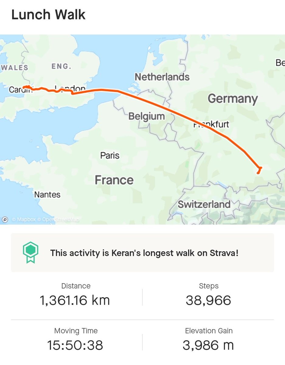 luketalbot's tweet photo. My mum forgot to turn off her Strava activity after a lunchtime walk and set a few PBs https://t.co/N7TNp3LsAk
