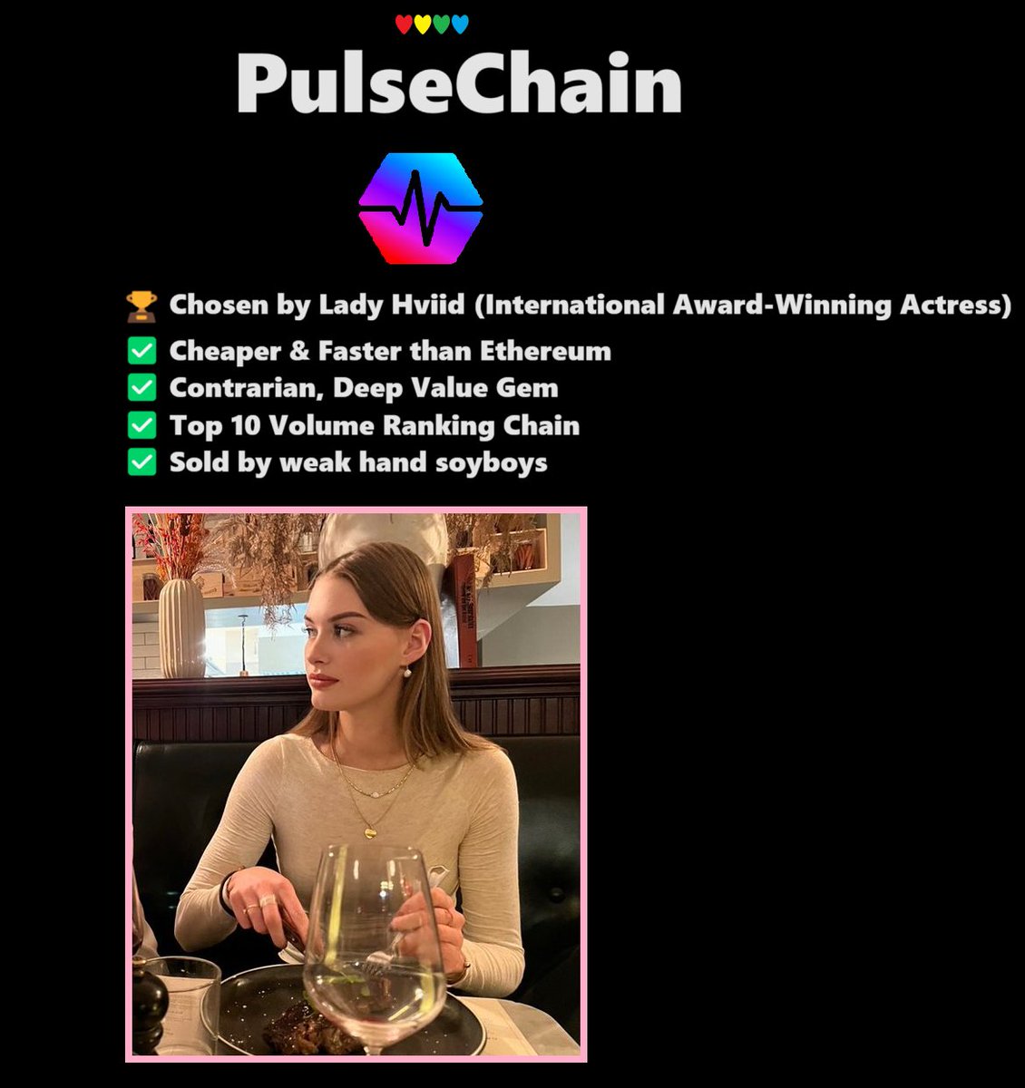 yourfriendSOMMI's tweet image. ❤💛💚💙

✅ PulseChain has onboarded an International Award-Winning Actress

She looked at all the other chains and decided they were full of guys who send Love Heart emoji&apos;s on the first date.

$PLS is still cheap and undervalued.
Does more volume than Cardano &amp;amp; XRP Chain.