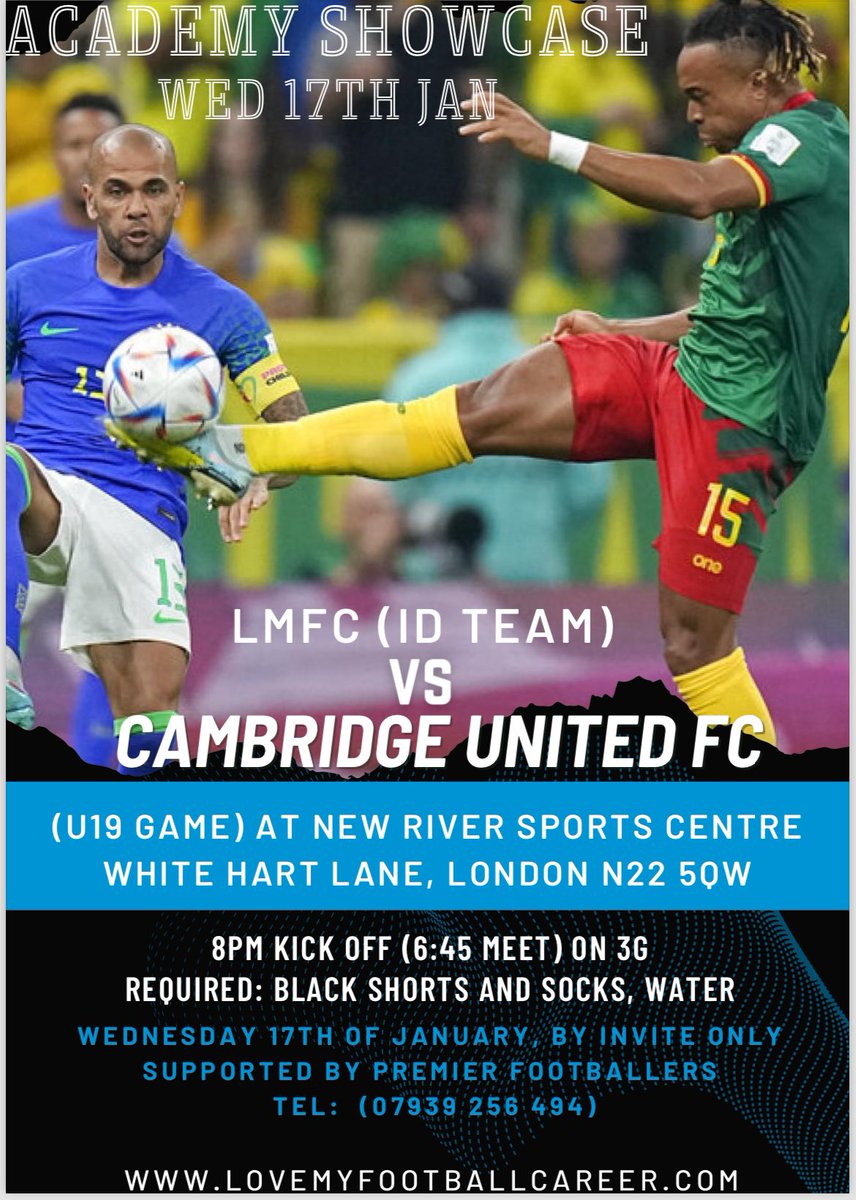 EFL Academy Opportunities are the key matters of the day as we help sponsor a match in which Cambridge United FC u19s come out to play LMFC (academy side) who are sponsored by lnkd.in/eqdcWSr @ New River Sports Centre Stadium on Wednesday 17th of Jan 2024.