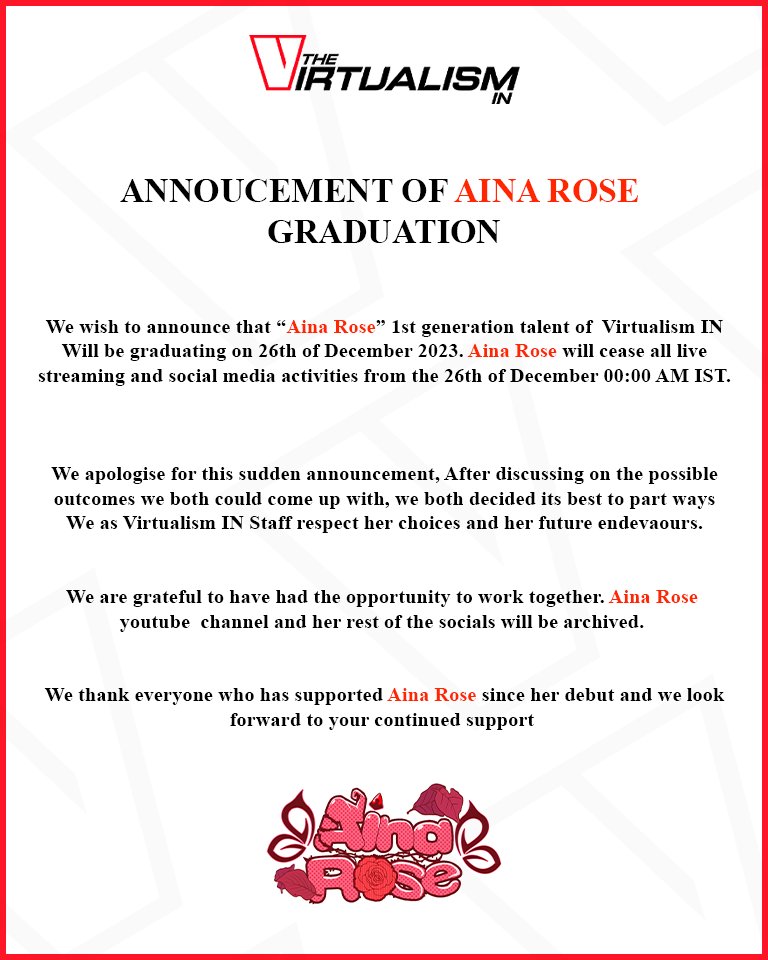 VirtualismIn's tweet photo. ANNOUNCEMENT: @AinaRoseVT will be graduating on the 26th of December 2023. We thank everyone who supported Aina Rose since her debut and wish her luck in her future endeavours. https://t.co/rSIxNeELF0