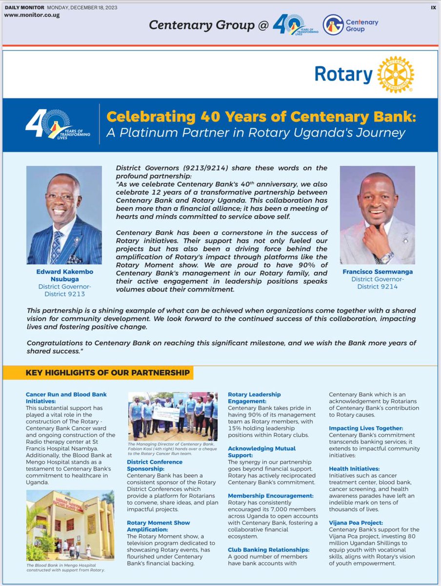 rotaryd9214's tweet image. Celebrating 40 years of @CentenaryBank , we thank you for your unending partnership with the Rotary Family.

Together we have achieved alot not forgetting the fight against cancer 

#CreateHope