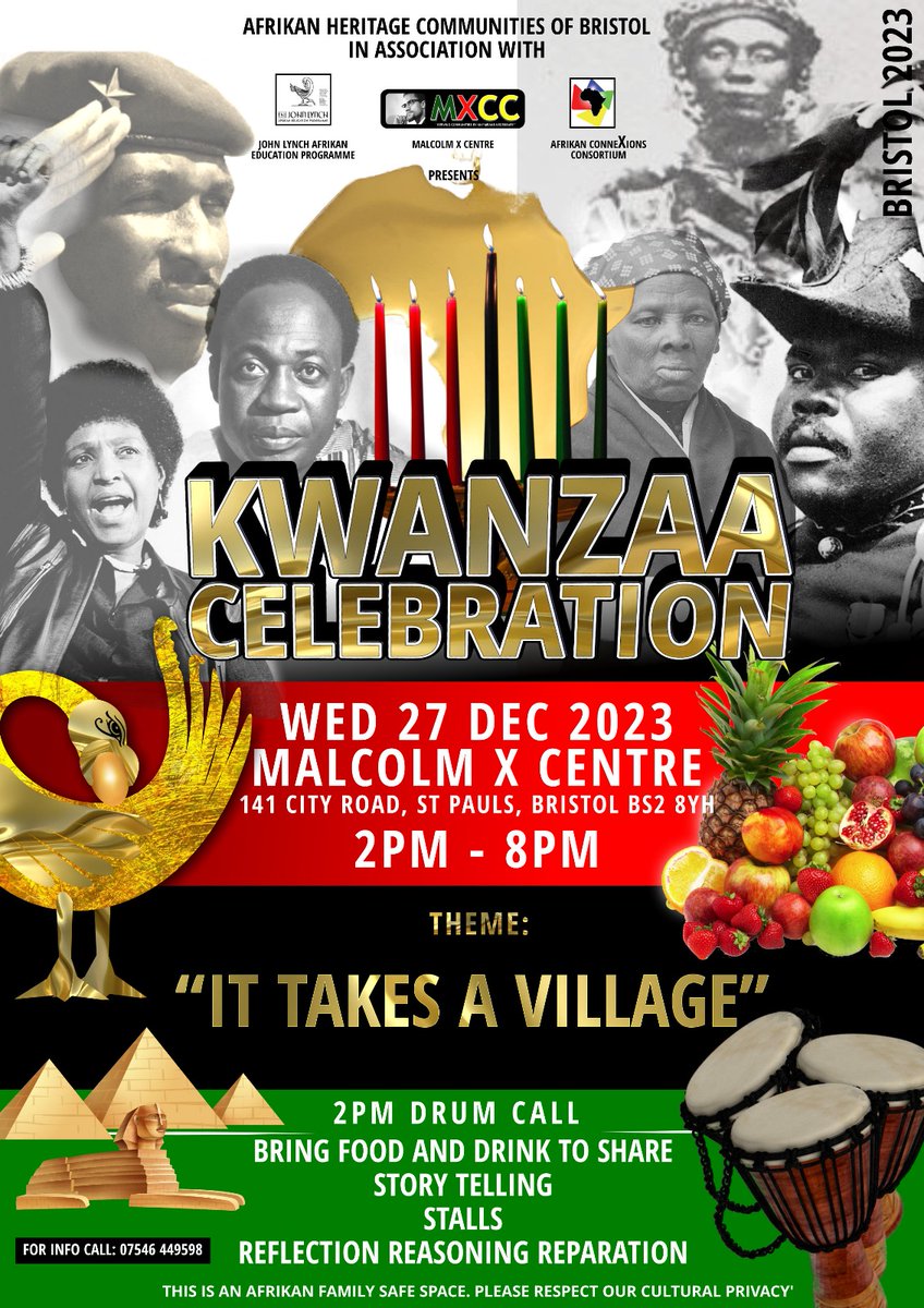 @AfrikanConneX is hosting a Kwanzaa Celebration. December 27th @MXCCBristol @2pm The theme 'It Takes a Village,' It's an ideal event for families. Please bring food and refreshments to share. while also respecting the cultural privacy of the event as an Afrikan safe space.