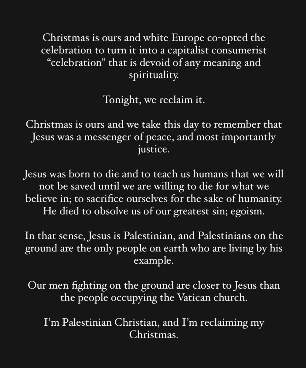 TamamBeitJirja's tweet image. One of my closest friends, Dima who is a Christian Palestinian, shared her reflections on Christmas.