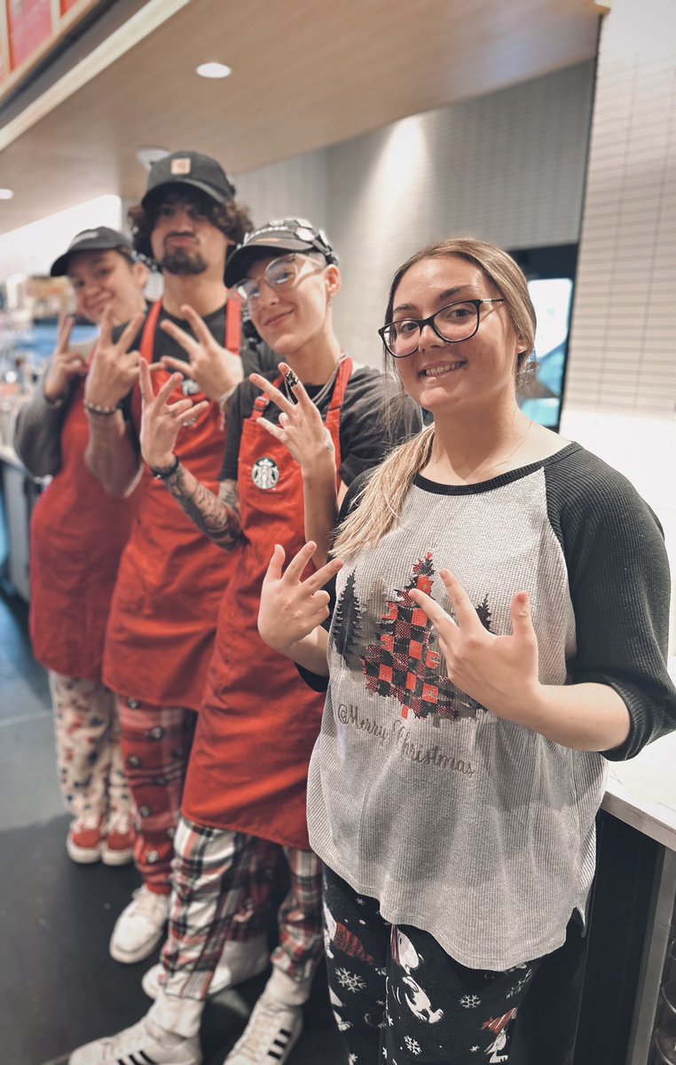 notjustkass's tweet photo. It gets easier when you surround yourself with people who give you a stomach ache from laughing so hard . 

-Starbucks Christmas jama party ❤️💚 https://t.co/XmTgtA3Fcb