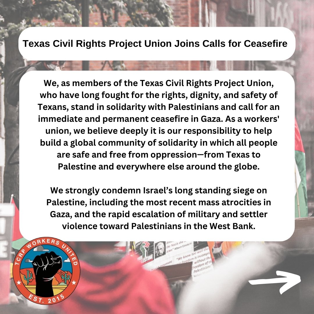 TCRPUnion's tweet photo. This Christmas Eve, the Texas Civil Right Project Union mourns and stands in solidarity with Palestinians. We join in calls for an immediate and permanent ceasefire in occupied Palestine. https://t.co/2HhVg6jEI1