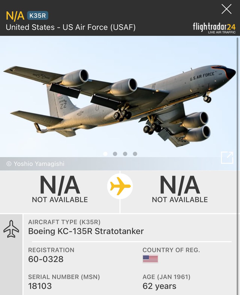 No off days for the #USAF.

KC-135R out of Al Udeid Air Base heading towards Iraq, relieving  
another KC-135 heading out of Iraq.

These are aerial refueling aircraft.

#AE037A - 63-7993
#AE0686 - 60-0328
