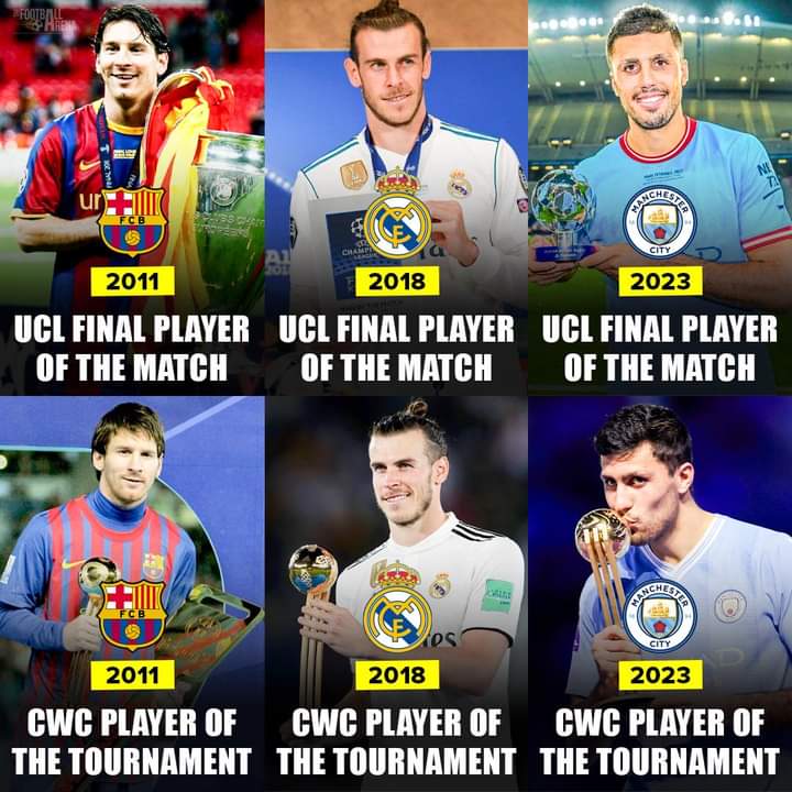 UneInfos's tweet photo. Les trois seuls joueurs à remporter le prix de la finale de la Ligue des champions et le prix de la Coupe du Monde des clubs du Tournoi la même année :

🇦🇷 Lionel Messi (2011)
🏴󠁧󠁢󠁷󠁬󠁳󠁿 Gareth Bale (2018)
🇪🇸 Rodri (2023) 
#CWC23 https://t.co/1iaglLKAhB